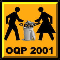 Logo de la coalition OQP2001: forme d'affiche routière en construction. Un bonhomme et une bonnefemme en ombre noir jetent les mots ZLEA et ALENA dans une poubelle. OQP 2001.